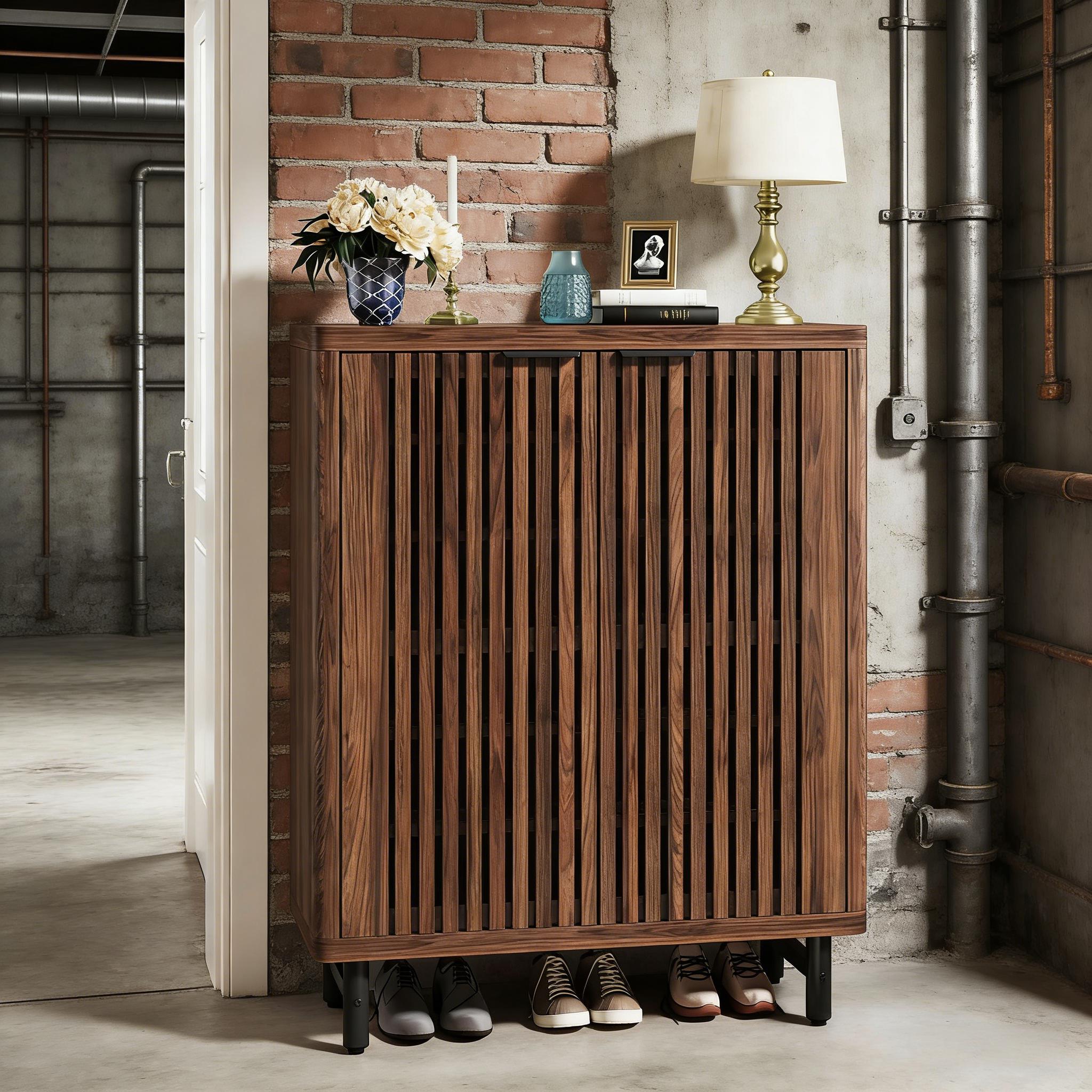 <old Sku: S05790088> 6-Tier Wooden Shoe Cabinet With Louvered Doors & Adjustable Shelves_maomaolike.com